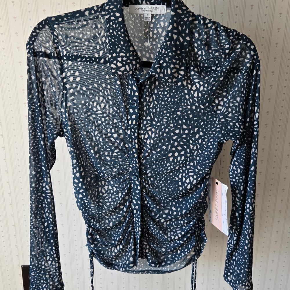 Sweet Rain Women's Navy and White Button Down Shirt